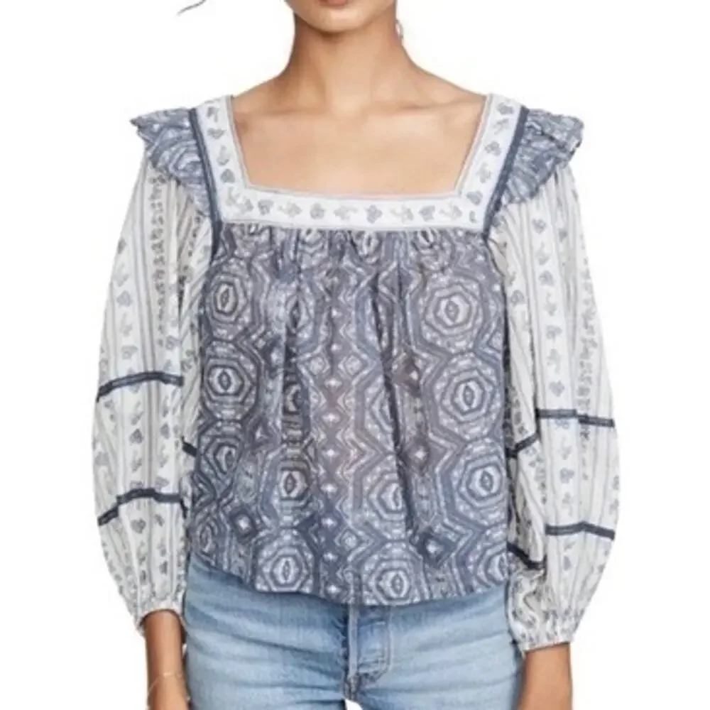 NWT Free People Mostly Meadow Blue Ivory Long Puff Sleeve Square Neck Top Size L